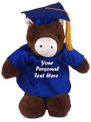 Plushland Plush Stuffed Animal Toys 12 Inches Present Gifts for Graduation Day, Personalized Text, Name or Your School Logo on Gown, Best for Any Grad School Kids (Graduation Horse Blue Gown)