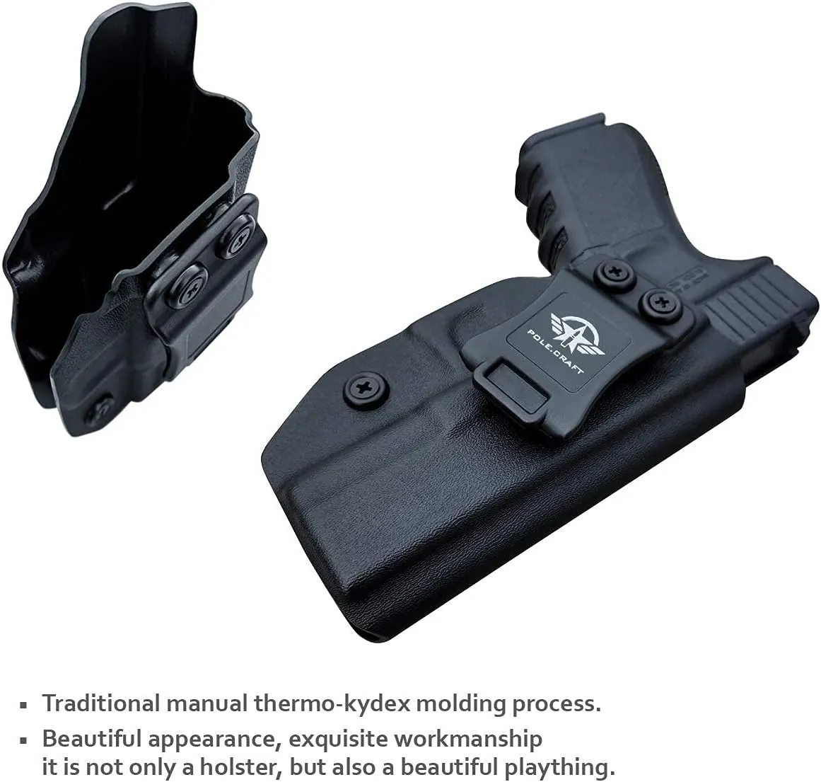 POLE.CRAFT IWB Kydex Holster Custom Fit: Glock 19 19X 25 44 45 (Gen 1 2 3 4 5) & Glock 23 32 (Gen 3 4) - Inside Waistband Carry - Adj. Cant Retention, Cover Mag-Button, No Wear, No Jitter
