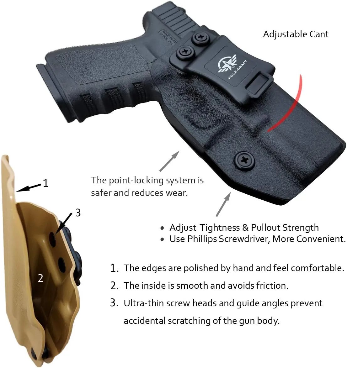 POLE.CRAFT IWB Kydex Holster Custom Fit: Glock 19 19X 25 44 45 (Gen 1 2 3 4 5) & Glock 23 32 (Gen 3 4) - Inside Waistband Carry - Adj. Cant Retention, Cover Mag-Button, No Wear, No Jitter