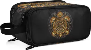 Polynesian Golden Tribal Sea Turtle Tattoo on Black Toned Maori Women's Portable Makeup Bag with Handle, Cosmetic Bag, Travel Cosmetic Bag Durable Toiletry Storage Organizer 11 x 7 x 5.7 inch
