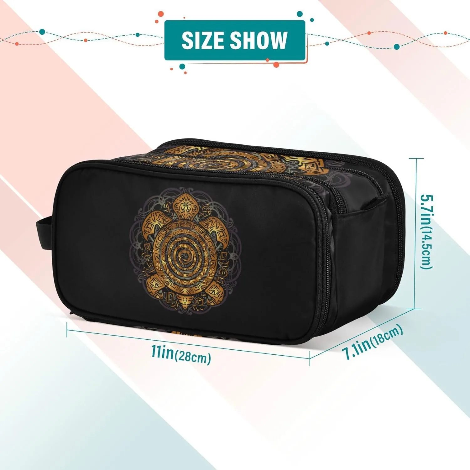 Polynesian Golden Tribal Sea Turtle Tattoo on Black Toned Maori Women's Portable Makeup Bag with Handle, Cosmetic Bag, Travel Cosmetic Bag Durable Toiletry Storage Organizer 11 x 7 x 5.7 inch