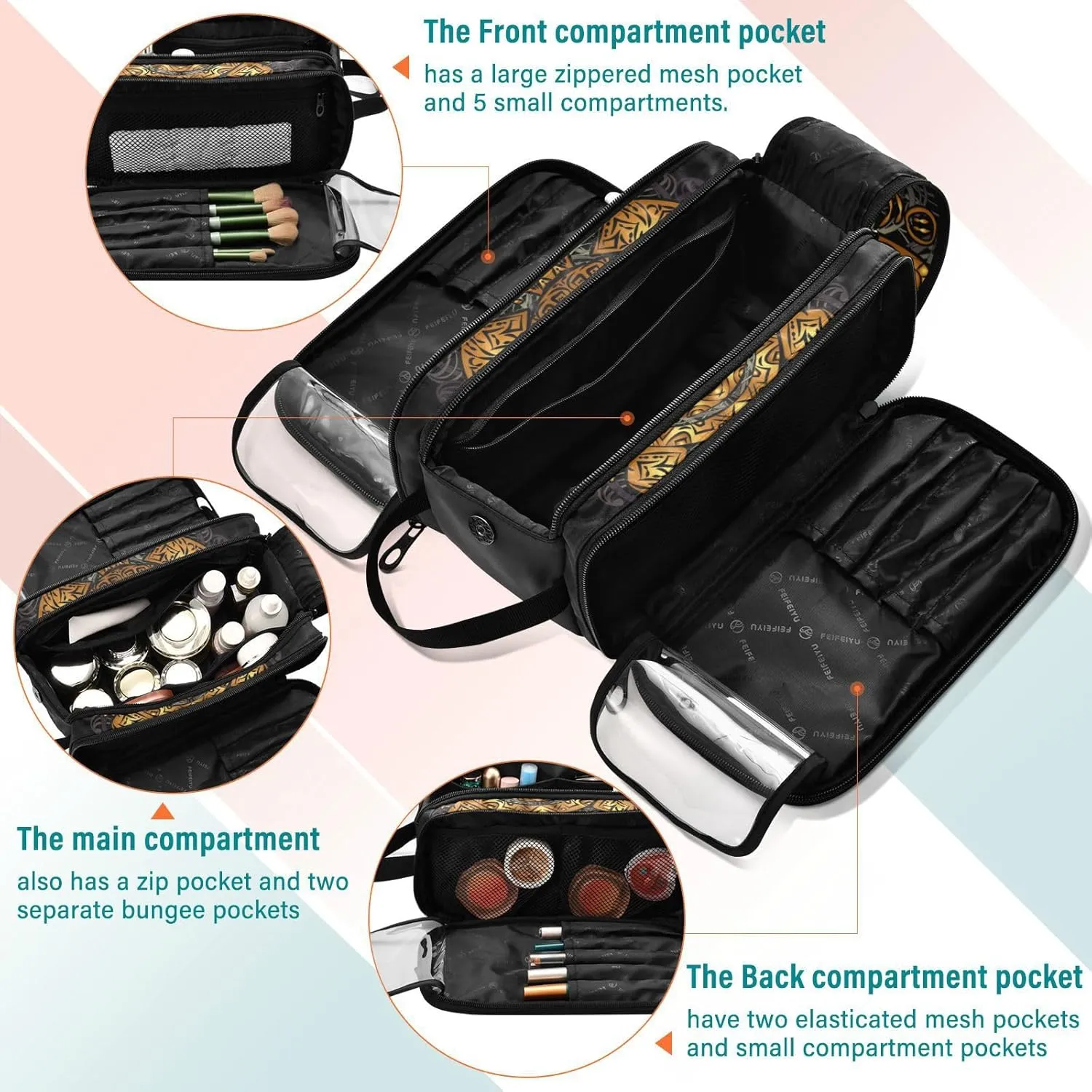 Polynesian Golden Tribal Sea Turtle Tattoo on Black Toned Maori Women's Portable Makeup Bag with Handle, Cosmetic Bag, Travel Cosmetic Bag Durable Toiletry Storage Organizer 11 x 7 x 5.7 inch