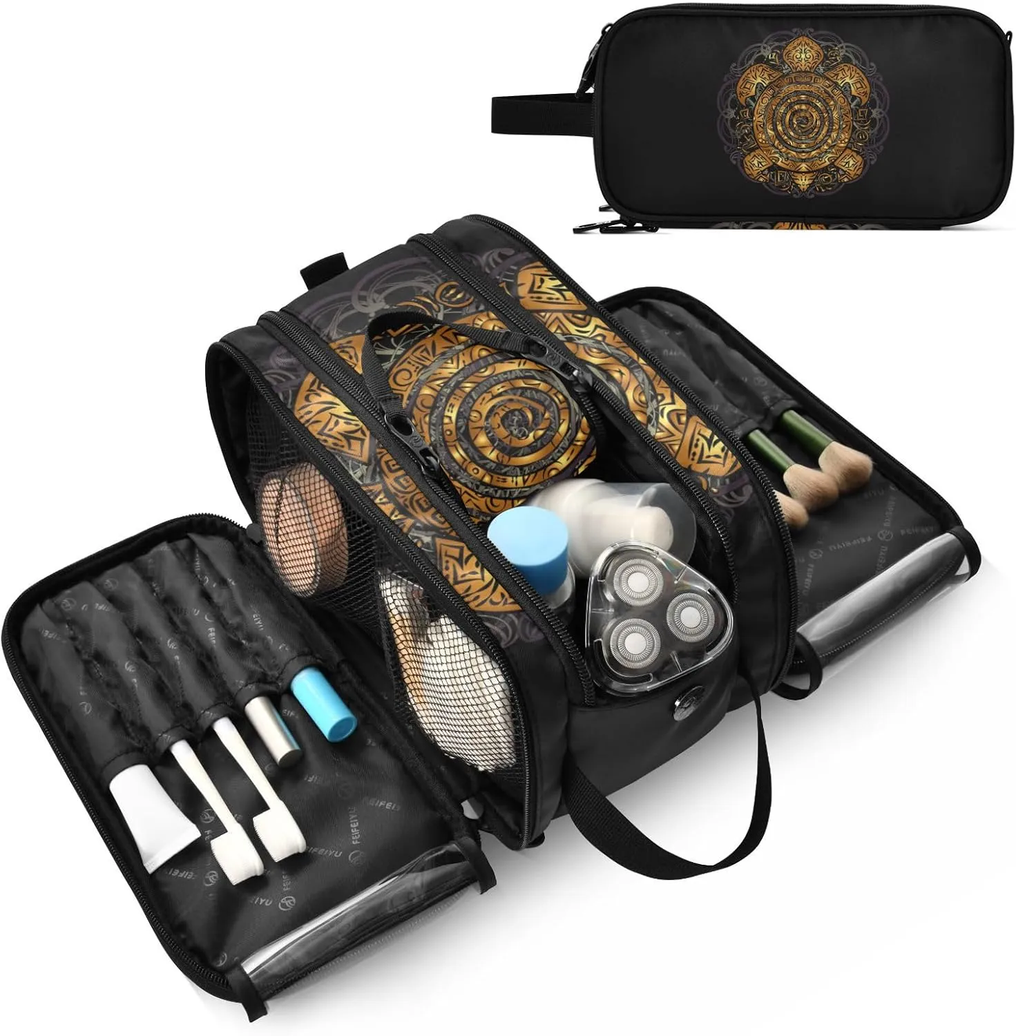 Polynesian Golden Tribal Sea Turtle Tattoo on Black Toned Maori Women's Portable Makeup Bag with Handle, Cosmetic Bag, Travel Cosmetic Bag Durable Toiletry Storage Organizer 11 x 7 x 5.7 inch
