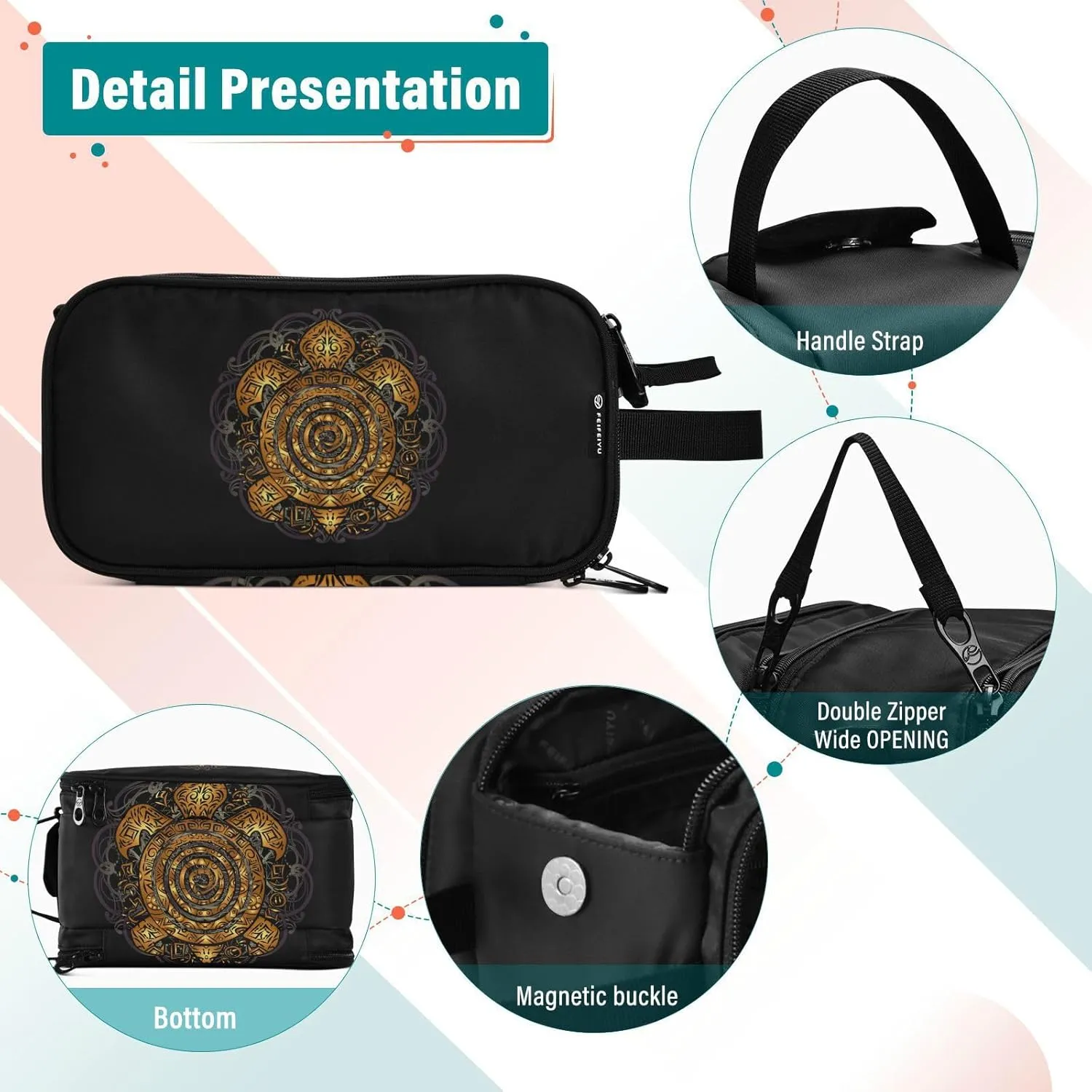 Polynesian Golden Tribal Sea Turtle Tattoo on Black Toned Maori Women's Portable Makeup Bag with Handle, Cosmetic Bag, Travel Cosmetic Bag Durable Toiletry Storage Organizer 11 x 7 x 5.7 inch