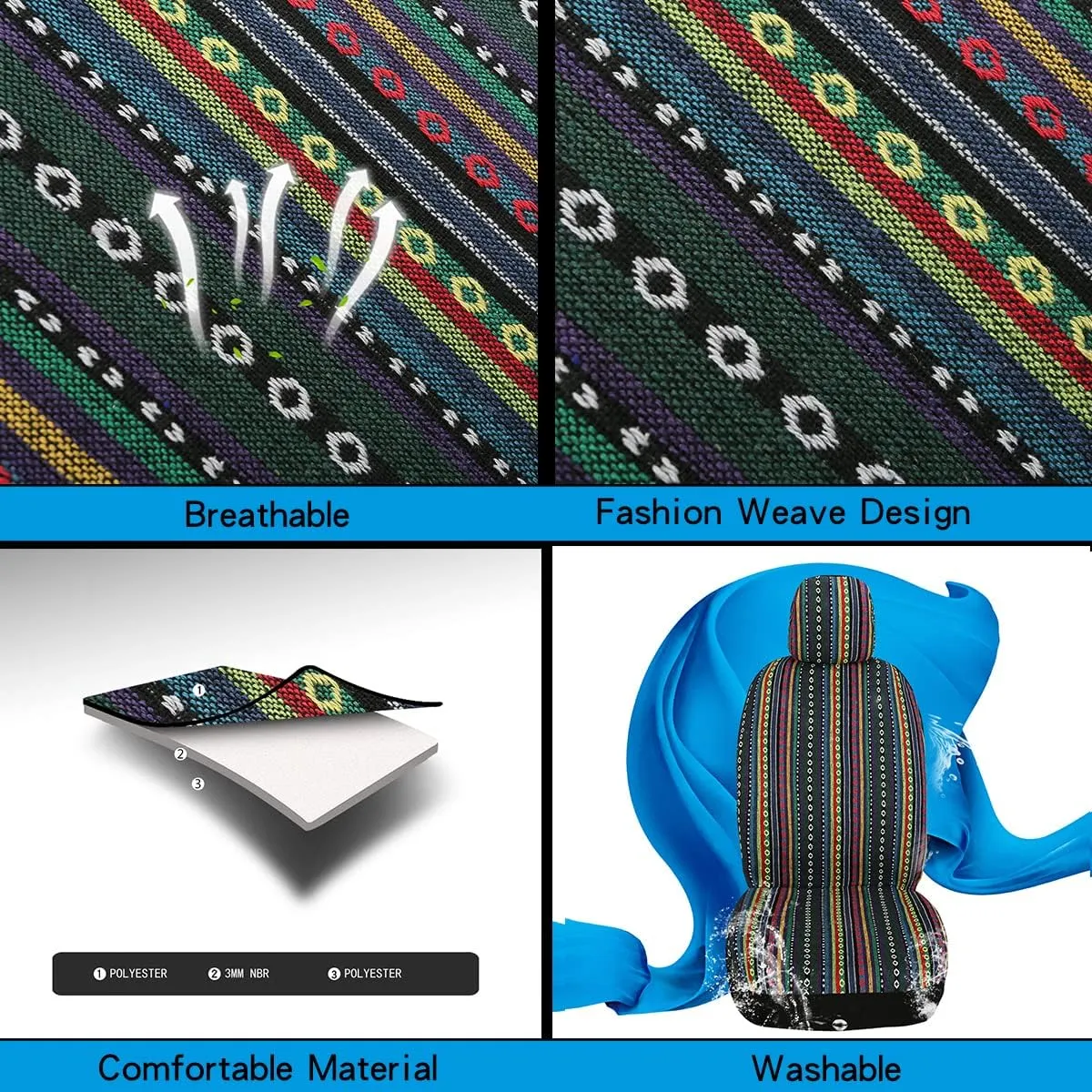 PONYJOYUP Baja Saddle Blanket Car Seat Covers 4PCS Front, Breathable and Washable Striped Woven Automotive Vehicle Universal Boho Seat Cover for Sedan, SUV, Truck, Airbag Compatible