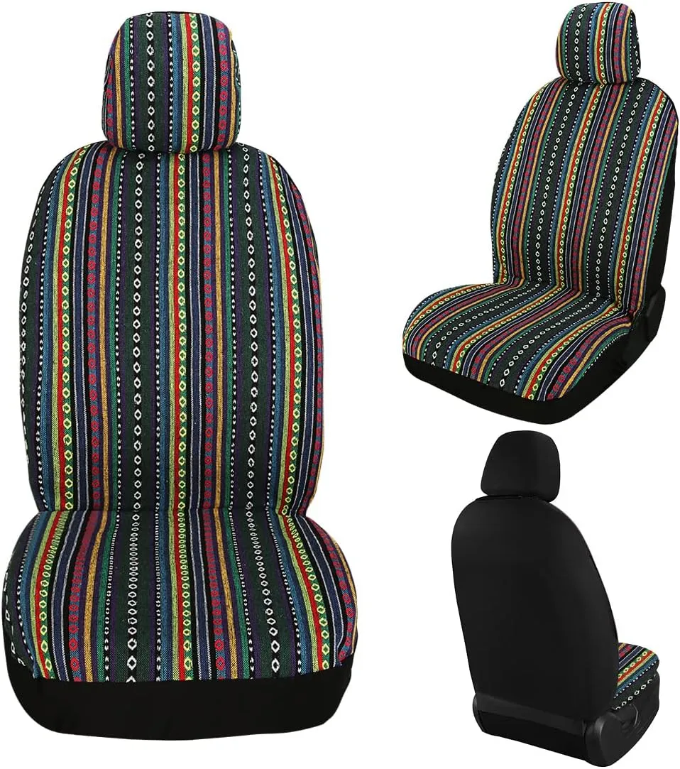 PONYJOYUP Baja Saddle Blanket Car Seat Covers 4PCS Front, Breathable and Washable Striped Woven Automotive Vehicle Universal Boho Seat Cover for Sedan, SUV, Truck, Airbag Compatible