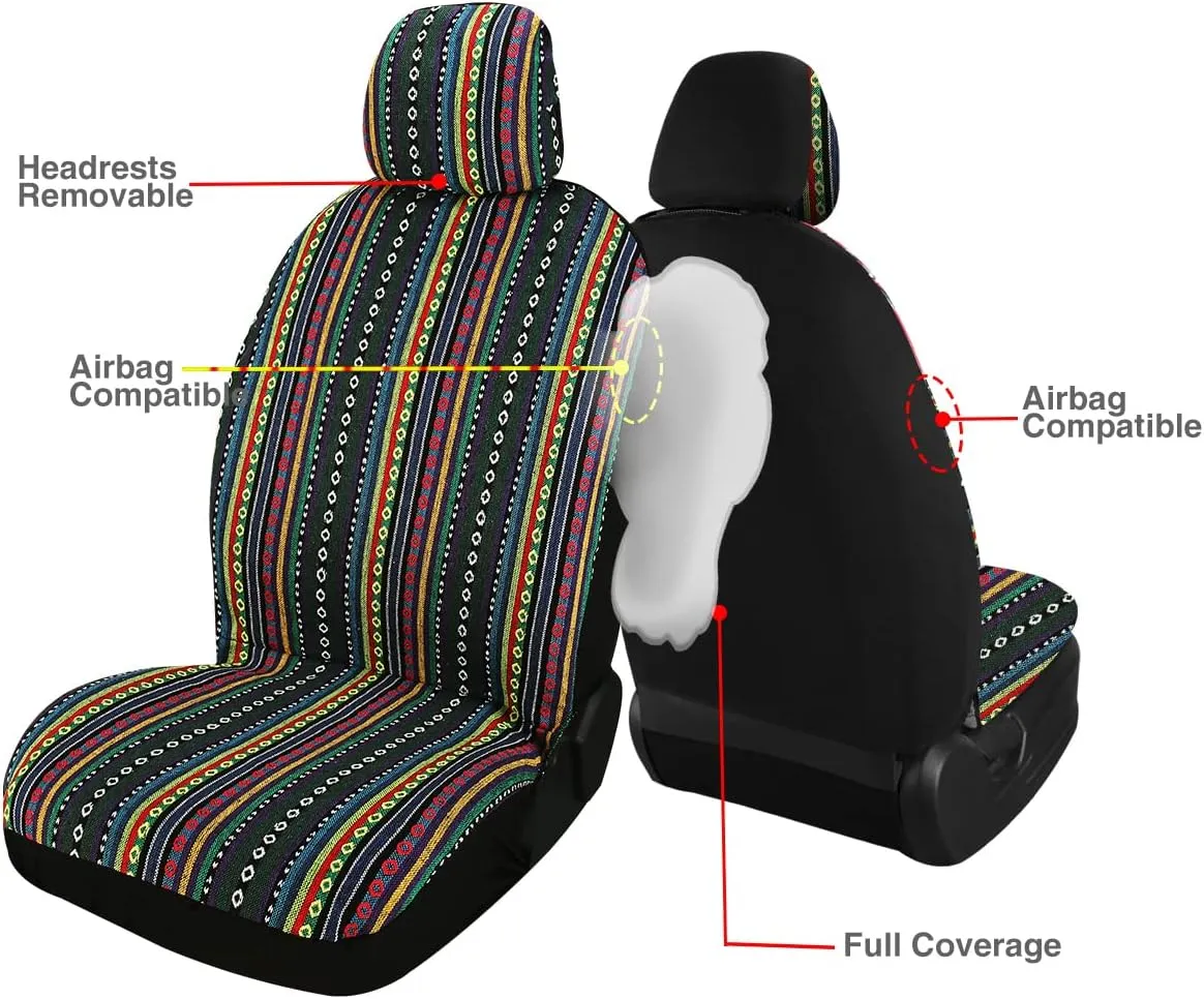 PONYJOYUP Baja Saddle Blanket Car Seat Covers 4PCS Front, Breathable and Washable Striped Woven Automotive Vehicle Universal Boho Seat Cover for Sedan, SUV, Truck, Airbag Compatible