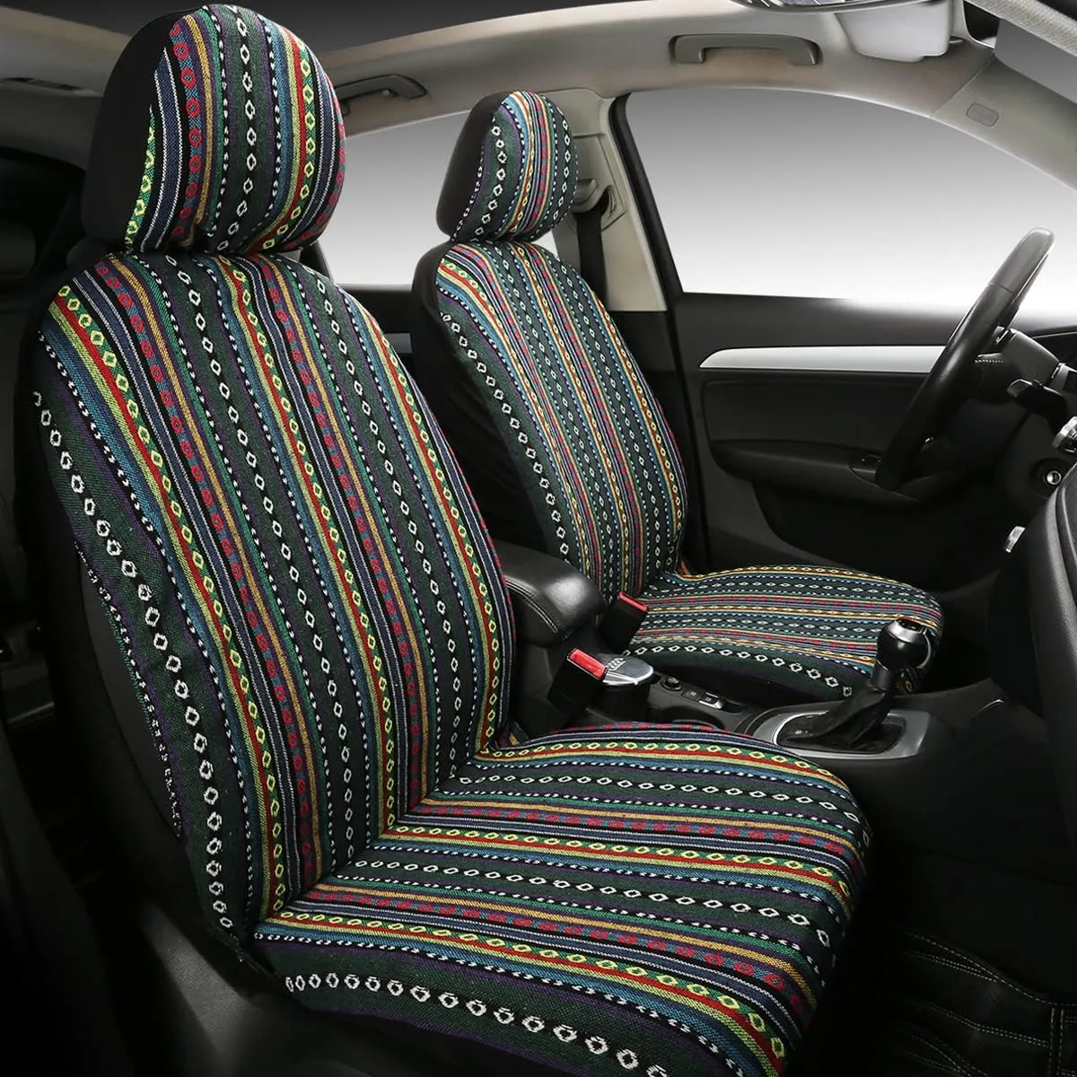 PONYJOYUP Baja Saddle Blanket Car Seat Covers 4PCS Front, Breathable and Washable Striped Woven Automotive Vehicle Universal Boho Seat Cover for Sedan, SUV, Truck, Airbag Compatible