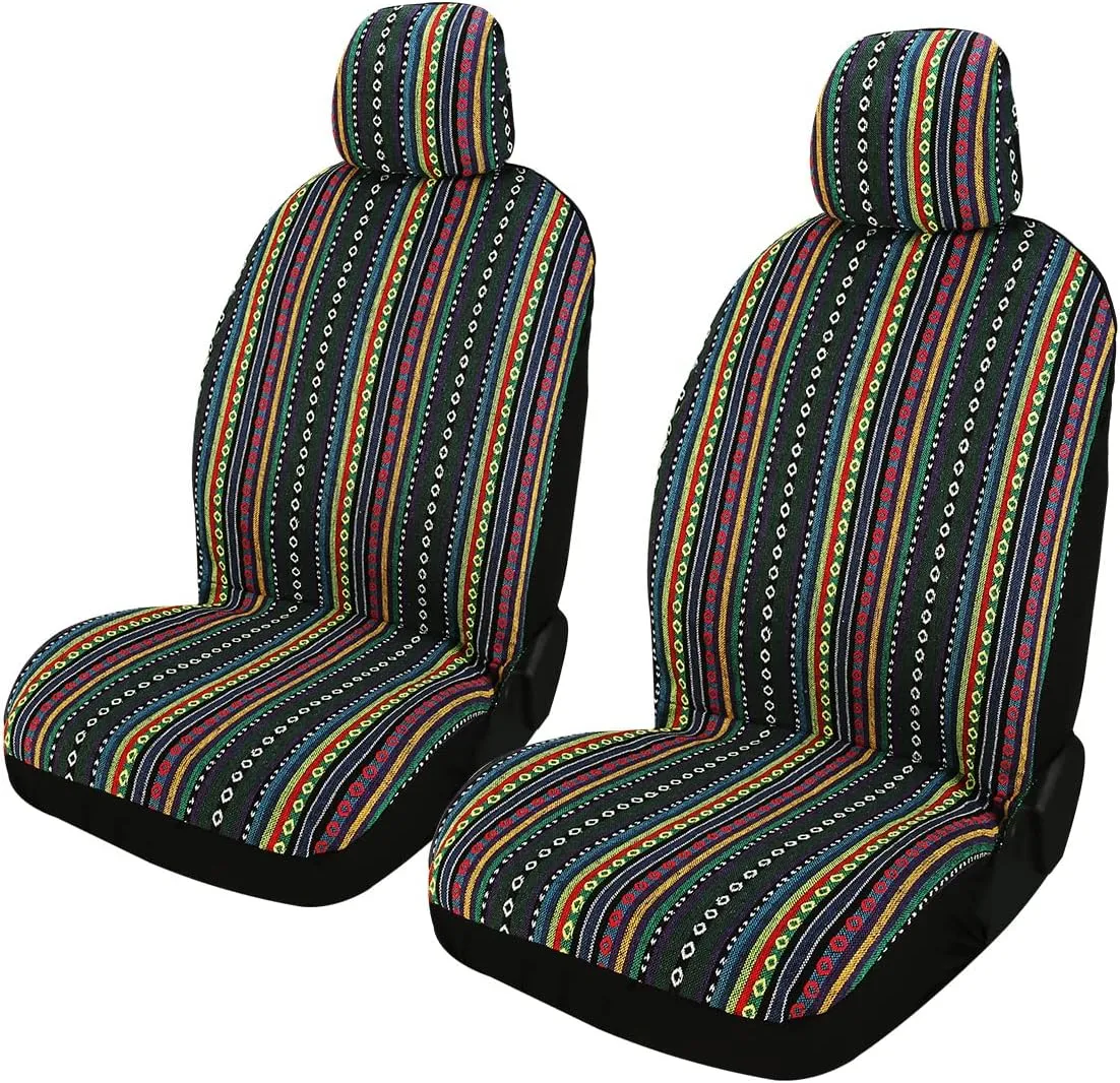 PONYJOYUP Baja Saddle Blanket Car Seat Covers 4PCS Front, Breathable and Washable Striped Woven Automotive Vehicle Universal Boho Seat Cover for Sedan, SUV, Truck, Airbag Compatible