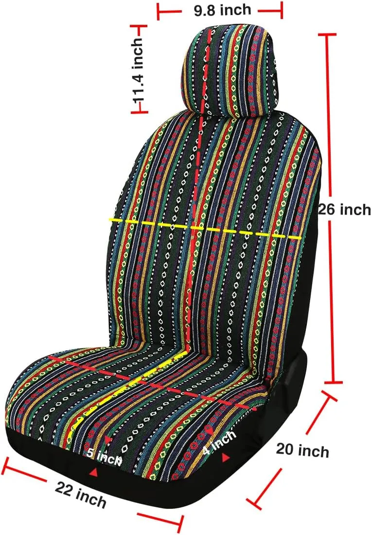 PONYJOYUP Baja Saddle Blanket Car Seat Covers 4PCS Front, Breathable and Washable Striped Woven Automotive Vehicle Universal Boho Seat Cover for Sedan, SUV, Truck, Airbag Compatible
