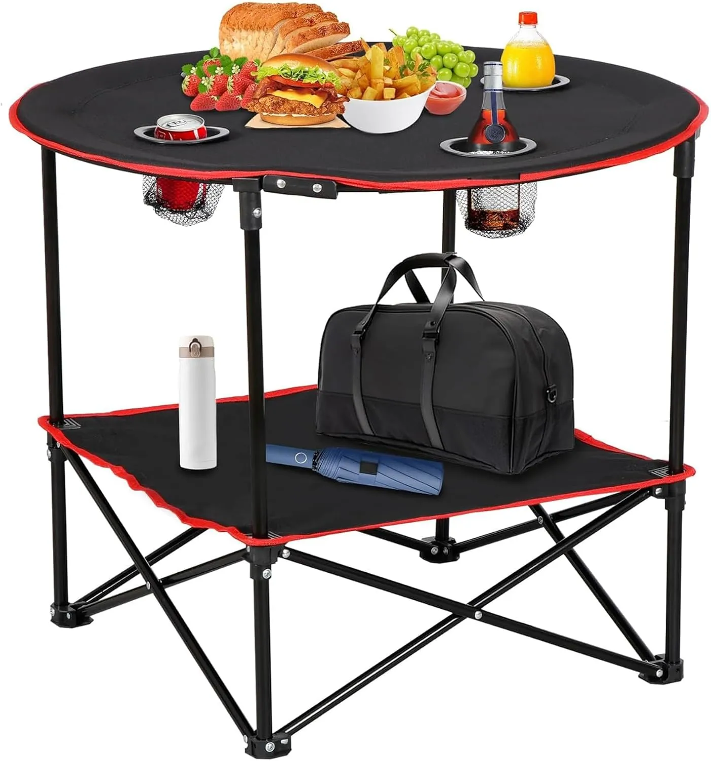 Portable Folding Picnic Table, Travel Folding Table with 4 Mesh Cup Holder & Carry Bag, Ultra Compact Outdoor Camping Table for BBQ Grill Fishing Beach Hiking, Black, 981256
