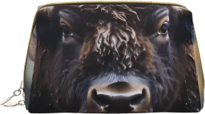 Portable Leather Makeup Bag for Women - Travel Cosmetic Organizer, Large North American bison Print Makeup Pouch