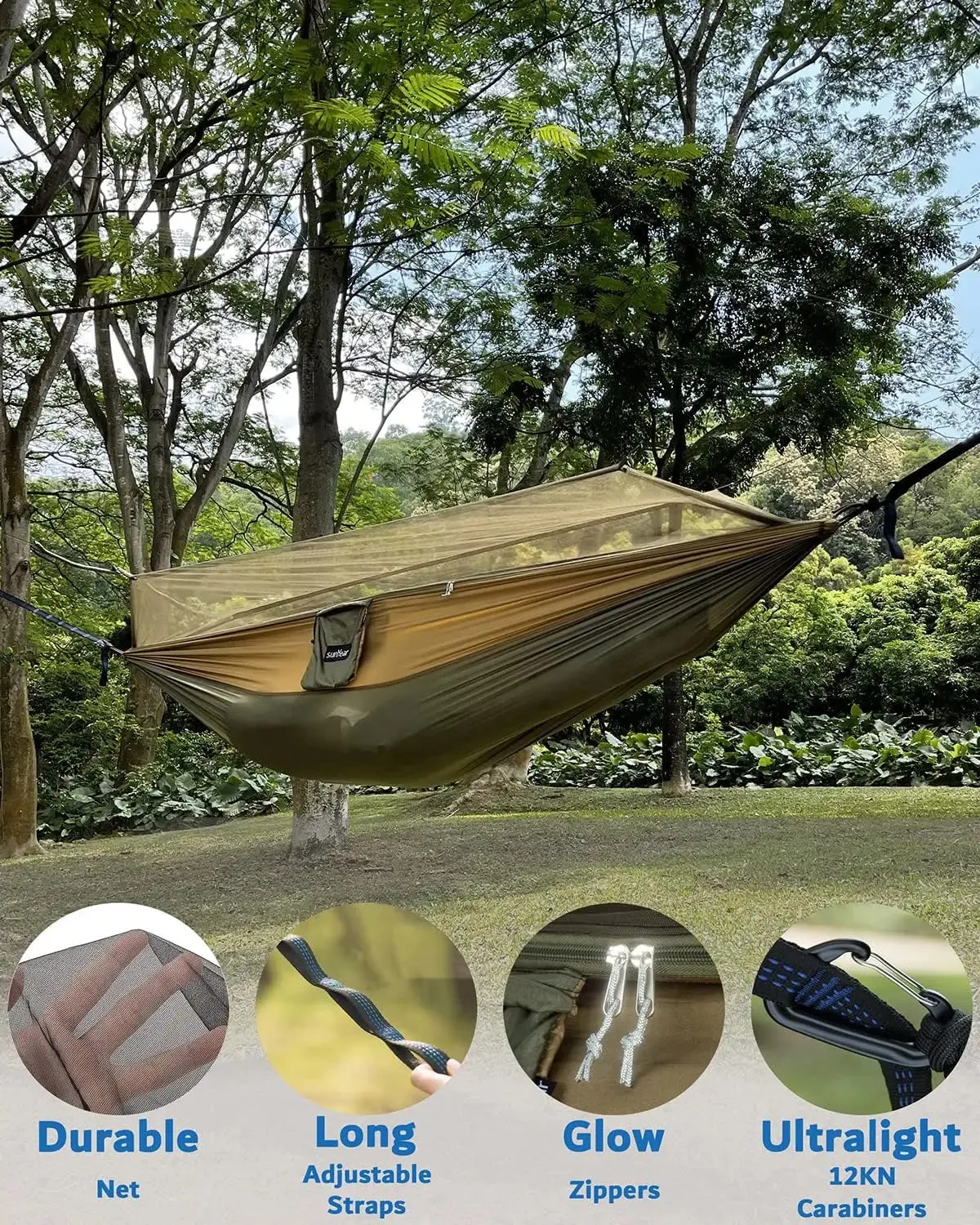 Portable Single/Double Hammock w/Mosquito Net & 10ft Straps for Camping & Travel
