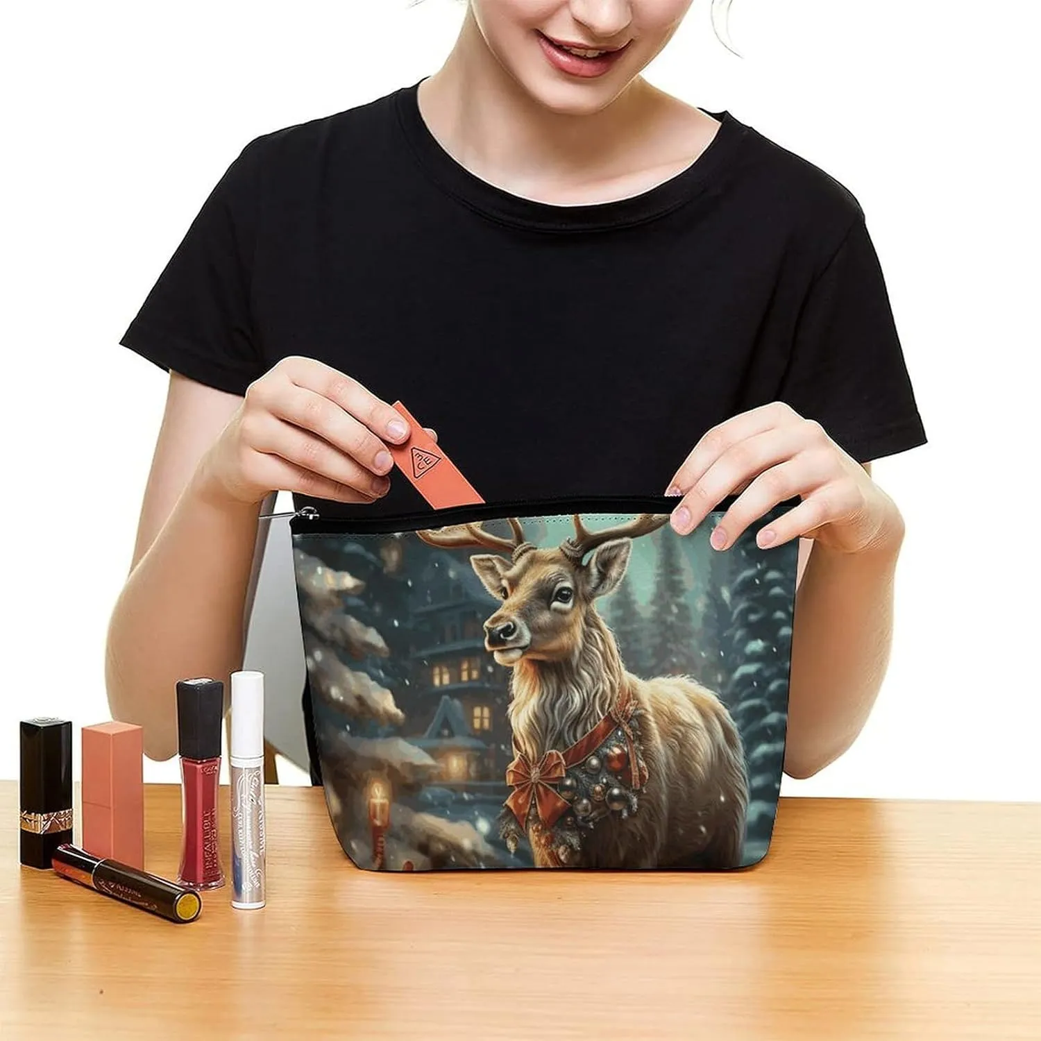 Portable Small Cosmetic Bag Cute Travel Makeup Bag Christmas Gift Reindeer Waterproof Toiletry Bag for Women