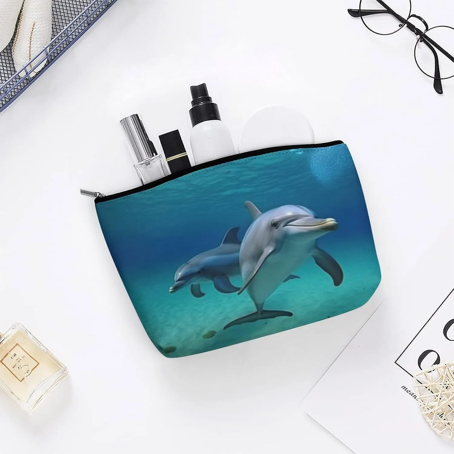 Portable Small Cosmetic Bag Cute Travel Makeup Bag Dolphins Underwater Waterproof Toiletry Bag for Women