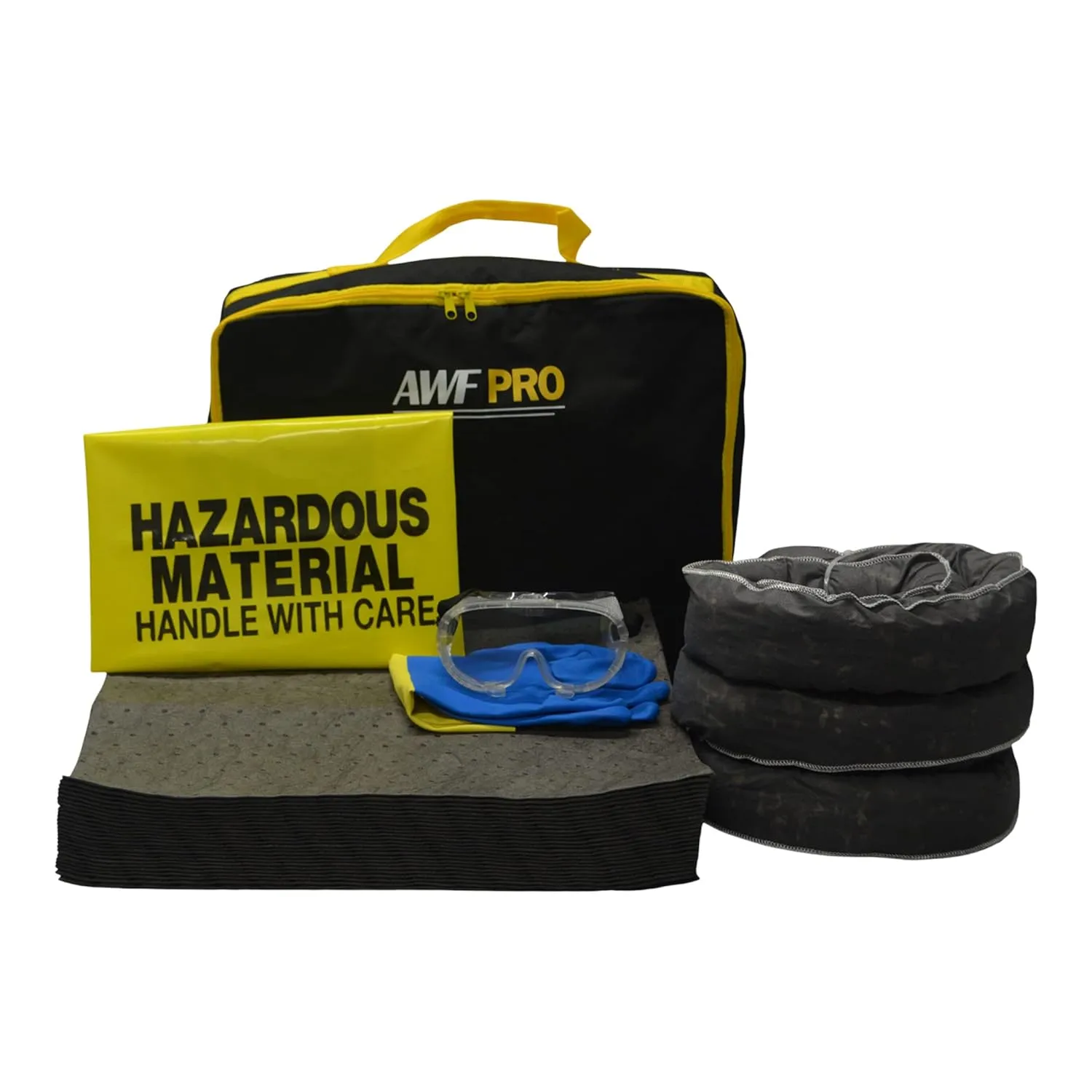 Portable Spill Kit, 35 Pieces. Perfect For Trucks, Cars and Homes. Packed in a Heavy Duty, Reusable Nylon Bag. Contains 25 Heavy Duty Sorbent Pads, 3 Sorbent Socks, 5 Disposal Bags, 1 Goggles & Gloves