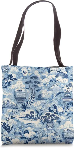 Preppy Blue and White Willow Pattern Chinoiserie Toile Tote Bag