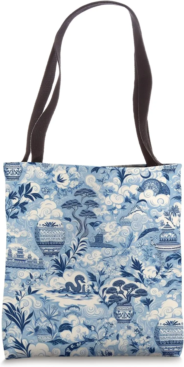 Preppy Blue and White Willow Pattern Chinoiserie Toile Tote Bag
