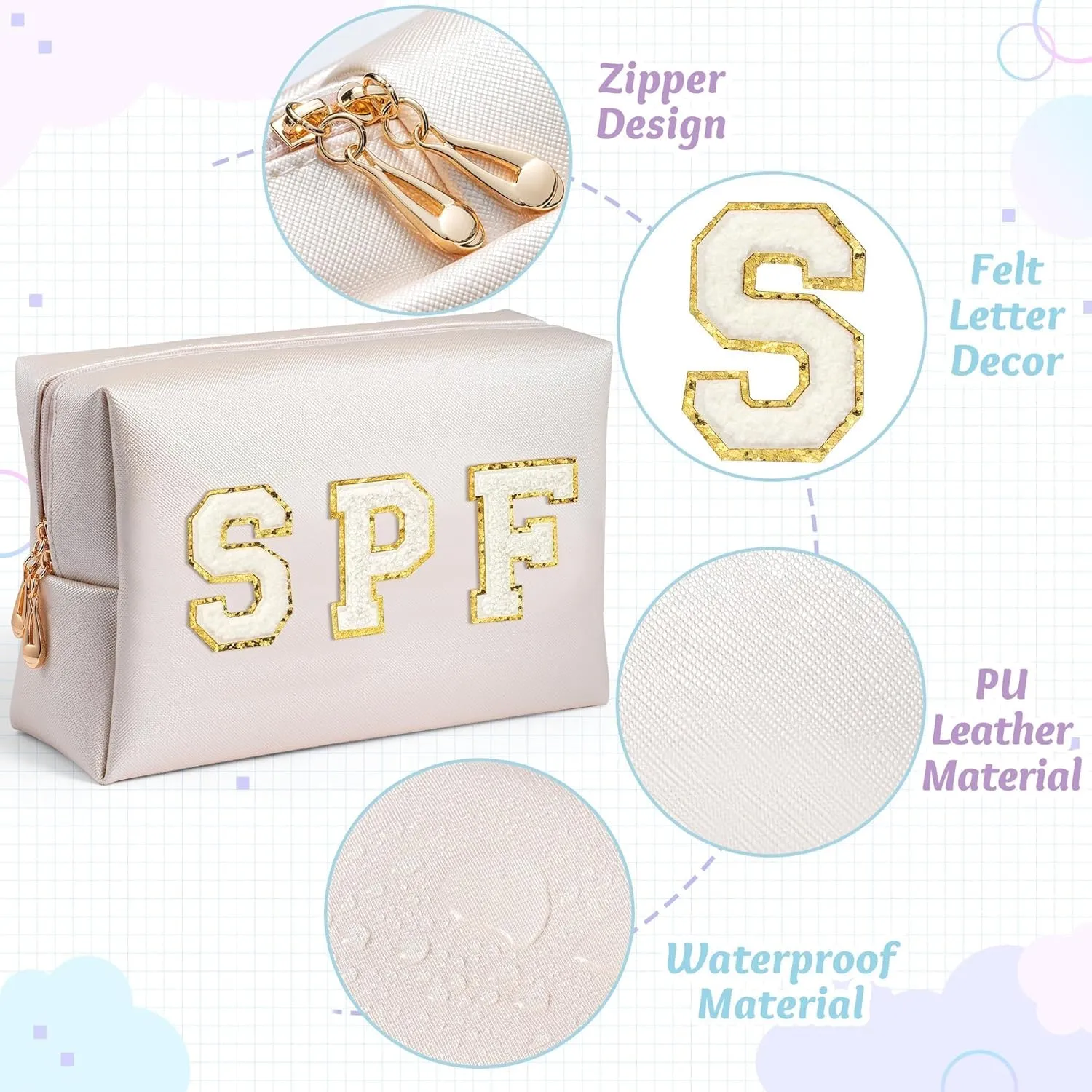 Preppy Patch Cosmetic Bag - Summer White SPF Chenille Letter Makeup Bag, PU leather Travel Toiletry Kit Portable Waterproof Make Up Pouch Zipper Clutch, Summer Gifts for Women Girls