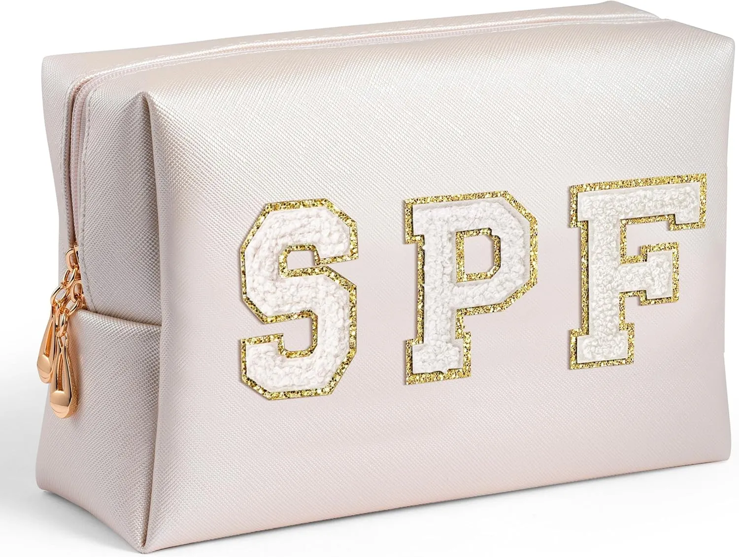 Preppy Patch Cosmetic Bag - Summer White SPF Chenille Letter Makeup Bag, PU leather Travel Toiletry Kit Portable Waterproof Make Up Pouch Zipper Clutch, Summer Gifts for Women Girls