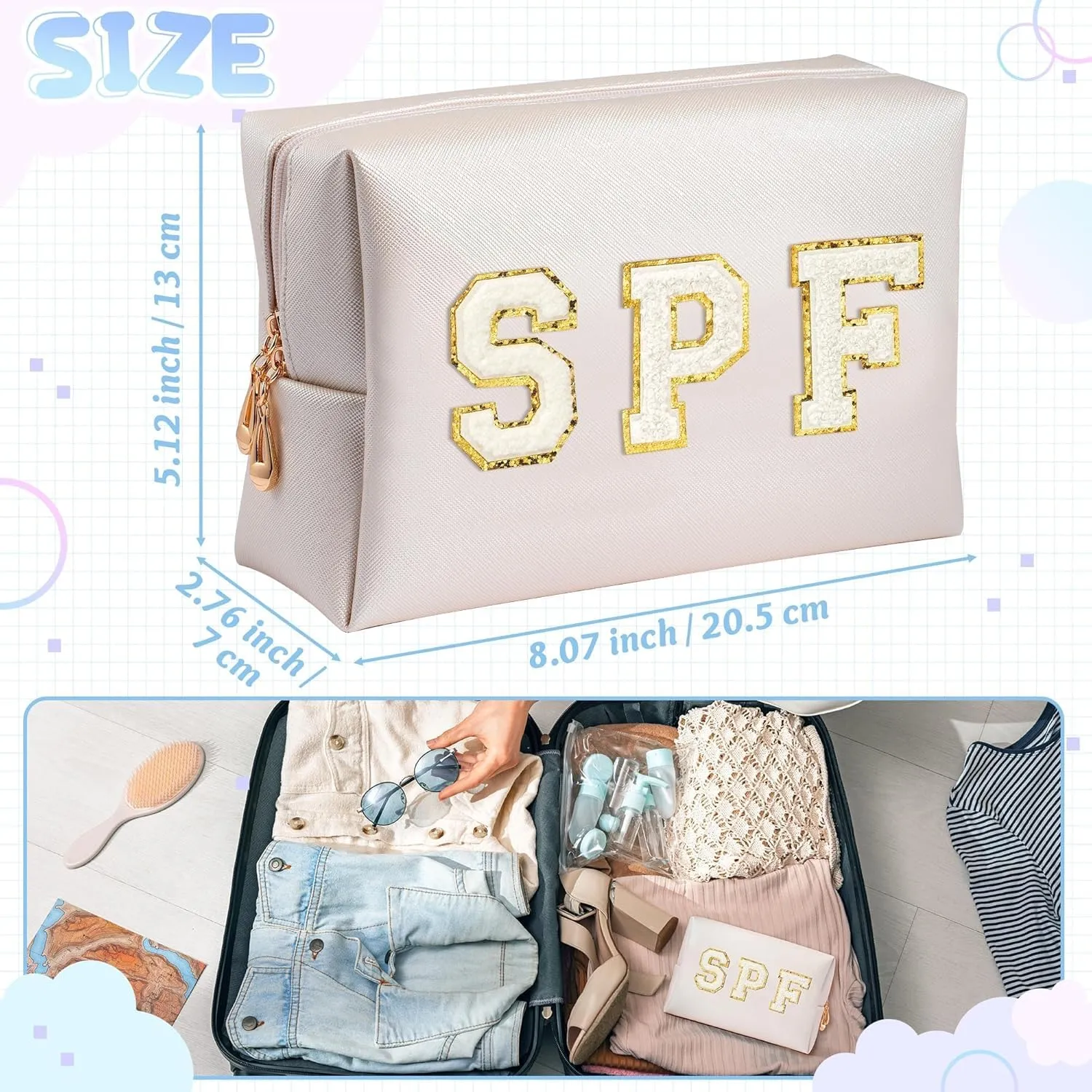 Preppy Patch Cosmetic Bag - Summer White SPF Chenille Letter Makeup Bag, PU leather Travel Toiletry Kit Portable Waterproof Make Up Pouch Zipper Clutch, Summer Gifts for Women Girls