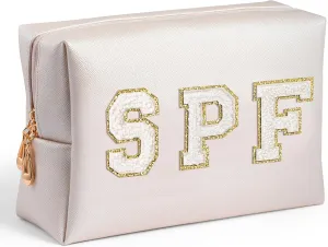 Preppy Patch Cosmetic Bag - Summer White SPF Chenille Letter Makeup Bag, PU leather Travel Toiletry Kit Portable Waterproof Make Up Pouch Zipper Clutch, Summer Gifts for Women Girls