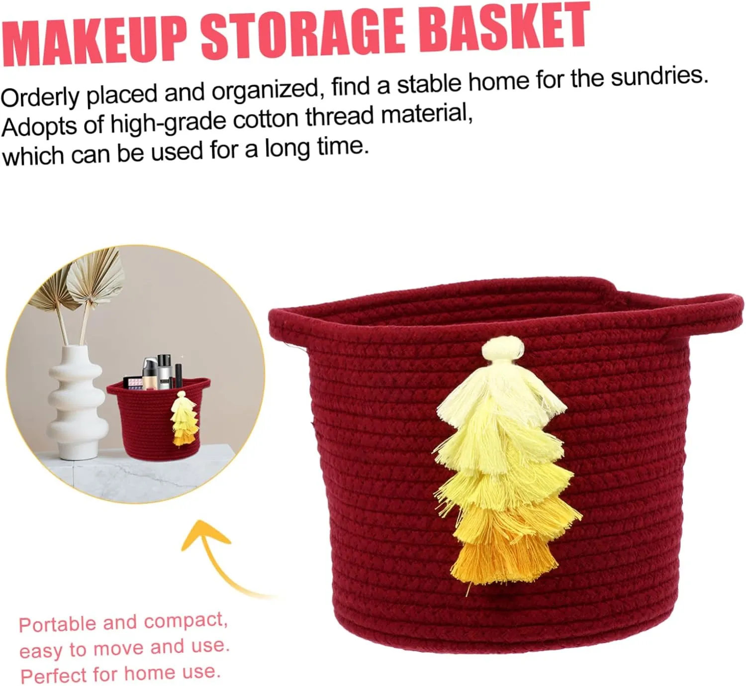 PRETYZOOM Handwoven Cotton Thread Storage Basket Desktop Makeup Organizer Home Decor Toy Container
