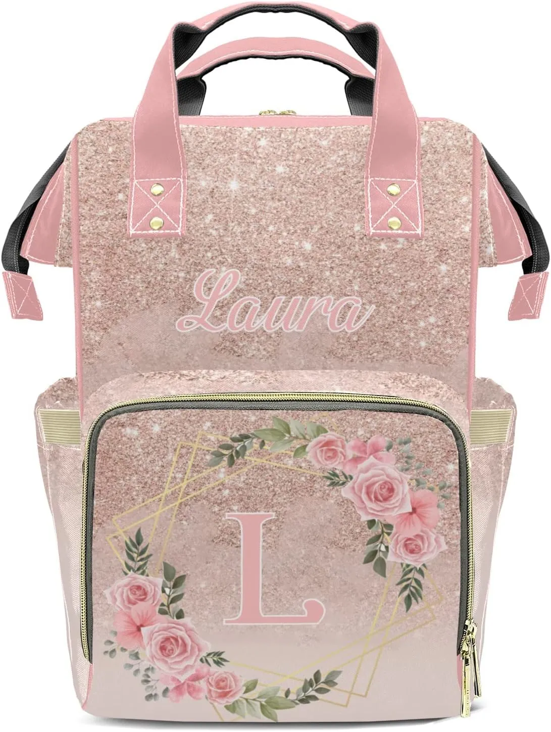 Print Pink Flower Diaper Bags Custom Name Backpack Personalized Baby Nappy Travel Tote Bag for Mom Gift