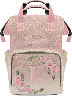 Print Pink Flower Diaper Bags Custom Name Backpack Personalized Baby Nappy Travel Tote Bag for Mom Gift
