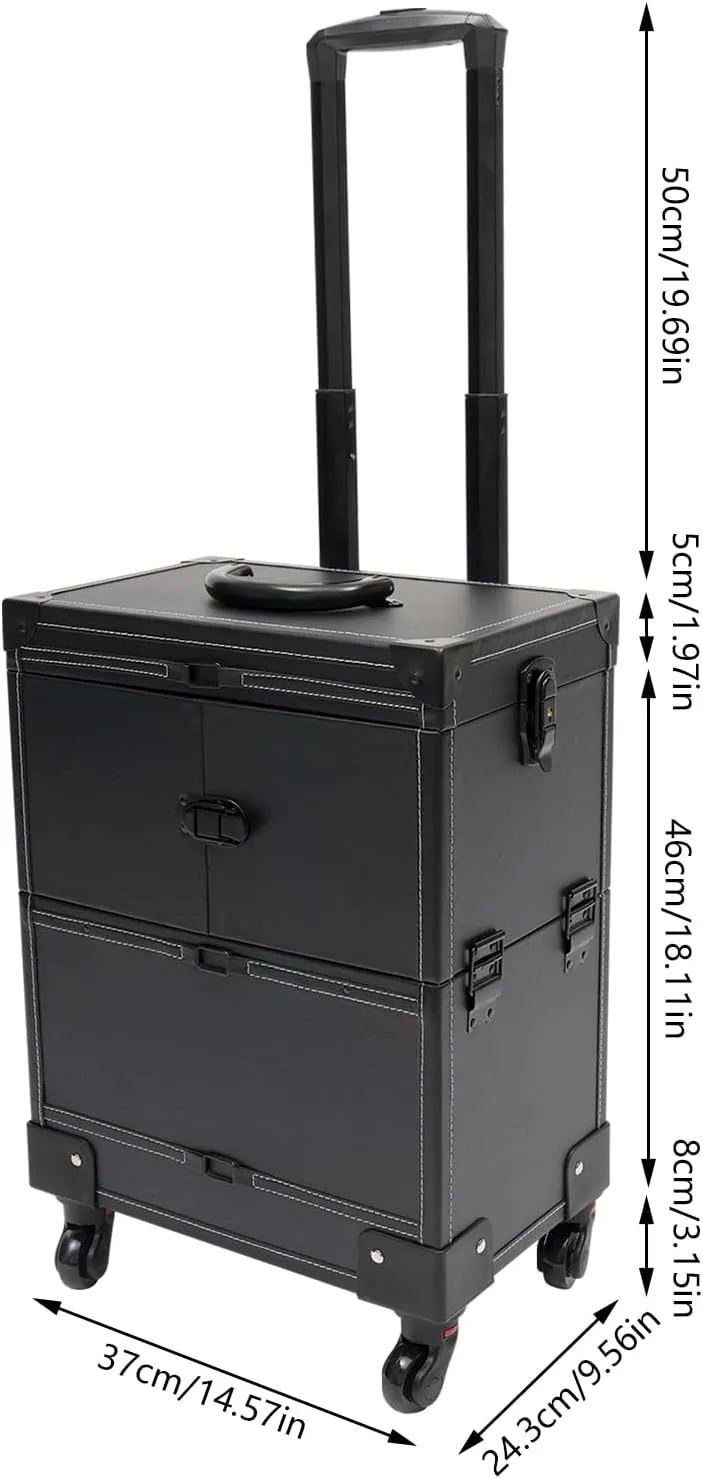 Professional Rolling Makeup Train Case, Large Trolley Storage Case, Multi-Functional Cosmetic Train Case with Mirror & Universal Wheels for Makeup Artist Hairstylist Travel Cosmetic Organizer (Black)