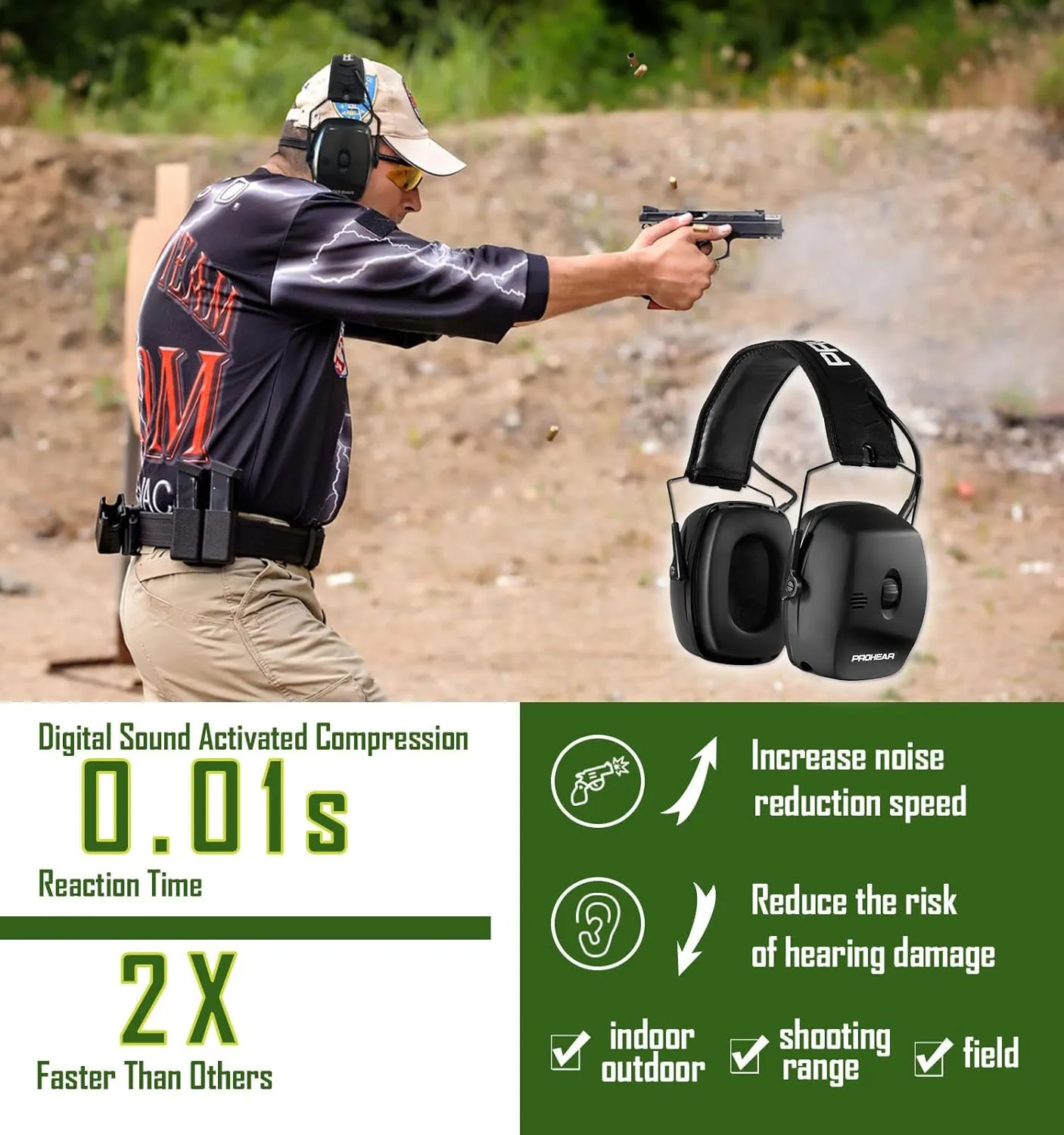 PROHEAR Electronic Shooting Ear Protection Muffs, NRR 30dB Noise Reduction for Gun Range Hunting, Sound Amplification Earmuffs with Safety Eyewear Case kit
