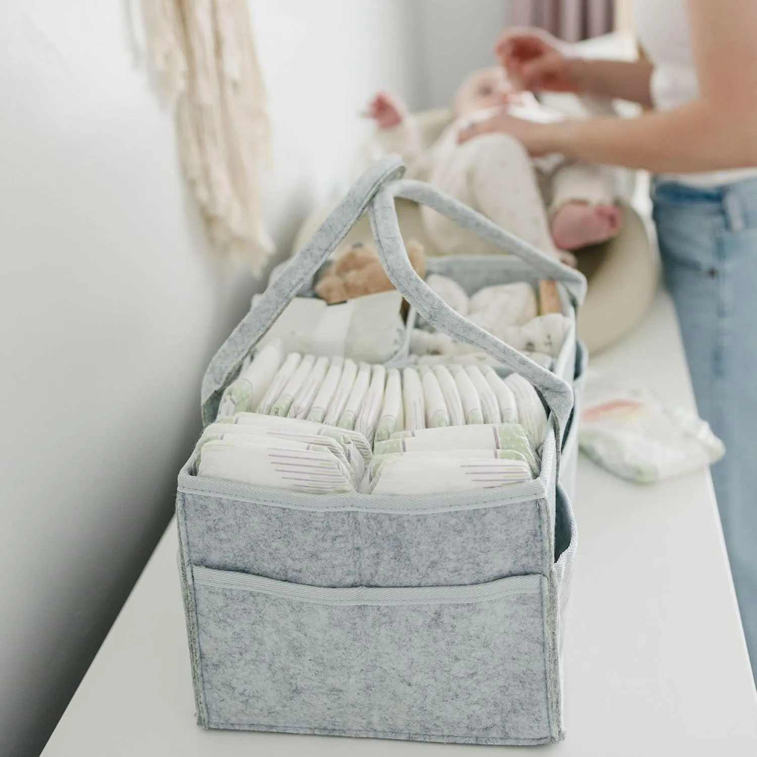PUTSKA Nursery Storage Basket - Baby Diaper Caddy Organizer for Diaper Station, Newborn Essentials, Baby Shower Gifts and Registry Must-Haves for Boy or Girl