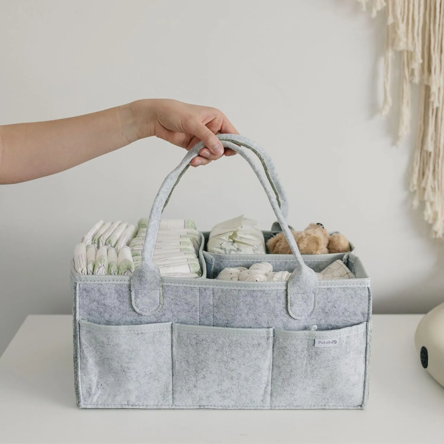 PUTSKA Nursery Storage Basket - Baby Diaper Caddy Organizer for Diaper Station, Newborn Essentials, Baby Shower Gifts and Registry Must-Haves for Boy or Girl