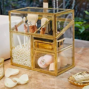 PuTwo Makeup Organizer Handmade Vintage Brass Edge Makeup Brush Holder Glass Makeup Brushes Storage Cosmetic Organizer Makeup Vanity Decoration Jewelry Box Make up Brushes Holder with FREE PEARLS