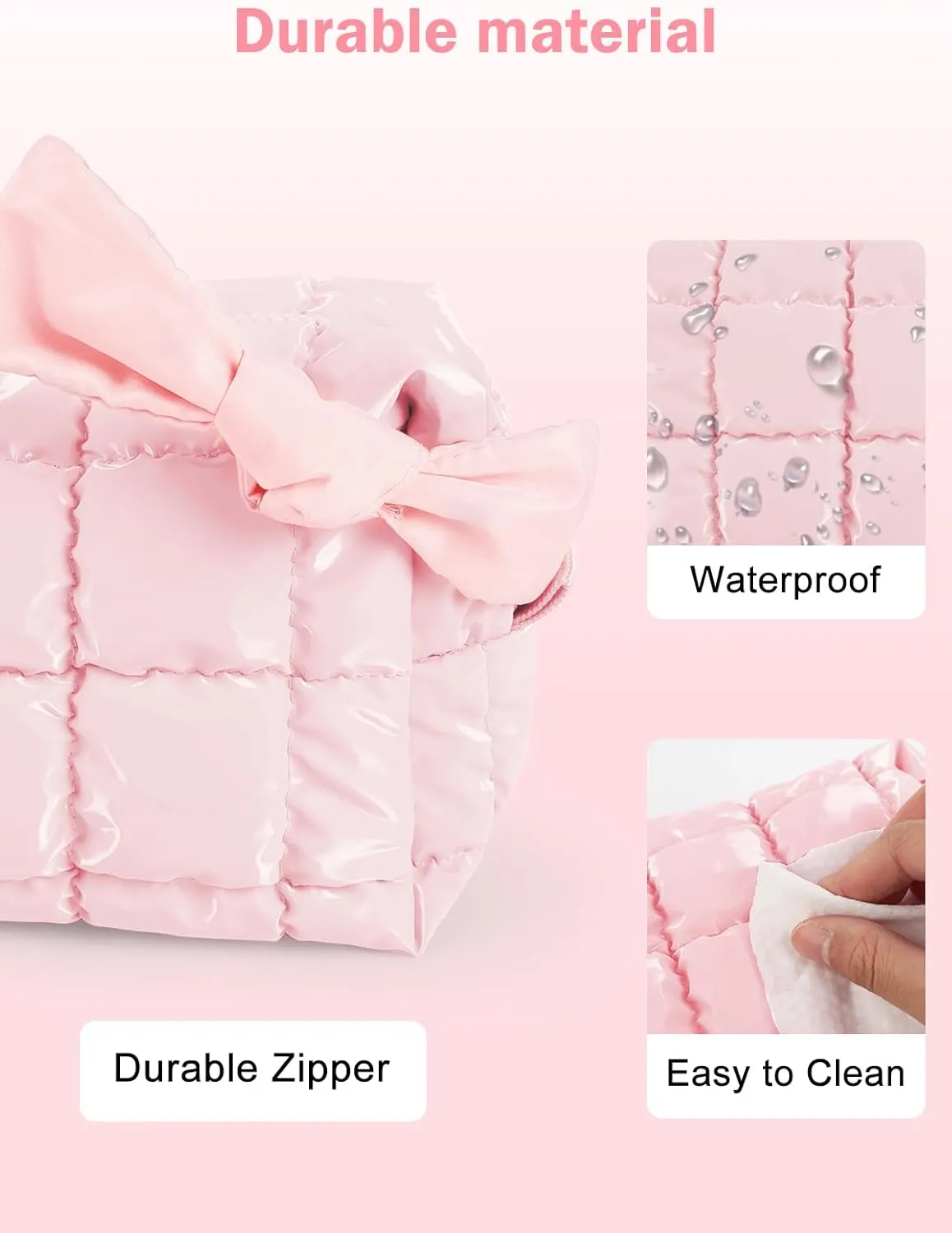 Quilted Makeup Bag Cosmetic Bag, Travel Toiletry Bag for Women, Cute Makeup Bag Organizer Puffer Pouch Light Pink M