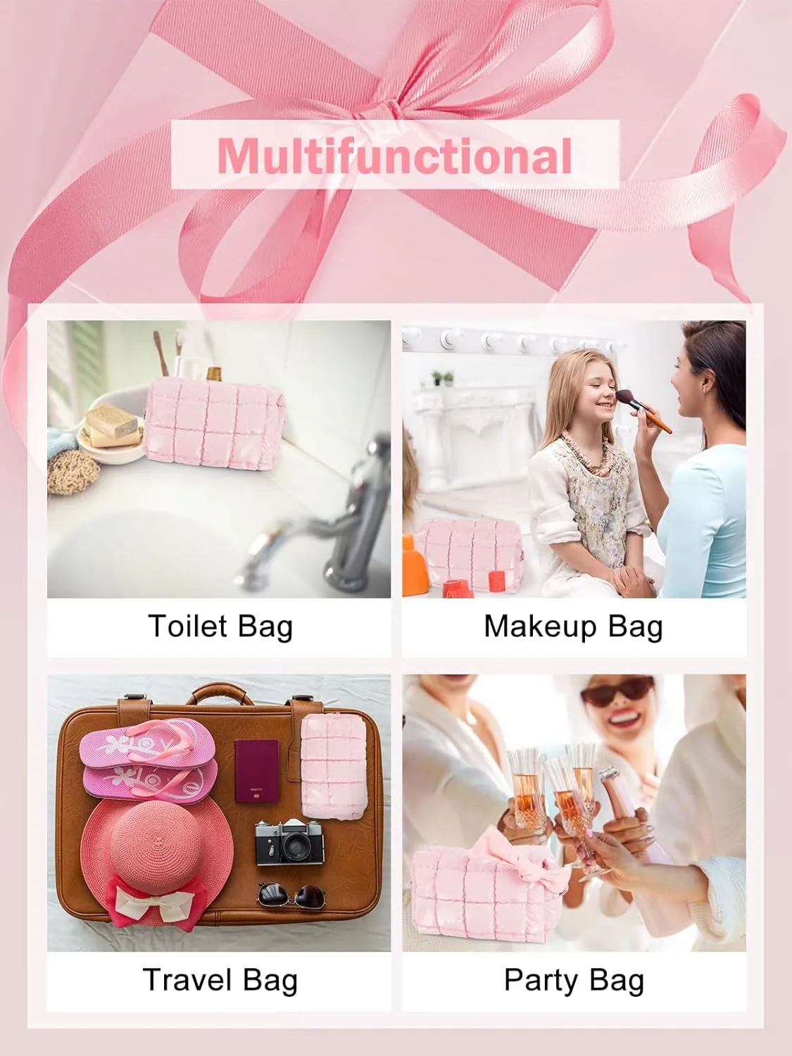 Quilted Makeup Bag Cosmetic Bag, Travel Toiletry Bag for Women, Cute Makeup Bag Organizer Puffer Pouch Light Pink M
