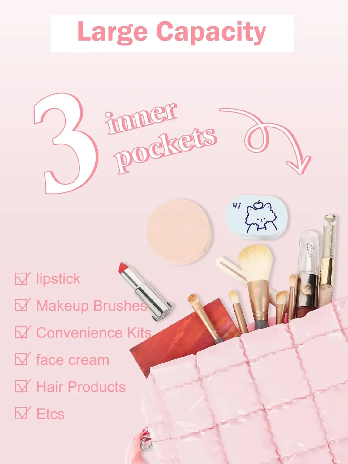 Quilted Makeup Bag Cosmetic Bag, Travel Toiletry Bag for Women, Cute Makeup Bag Organizer Puffer Pouch Light Pink M