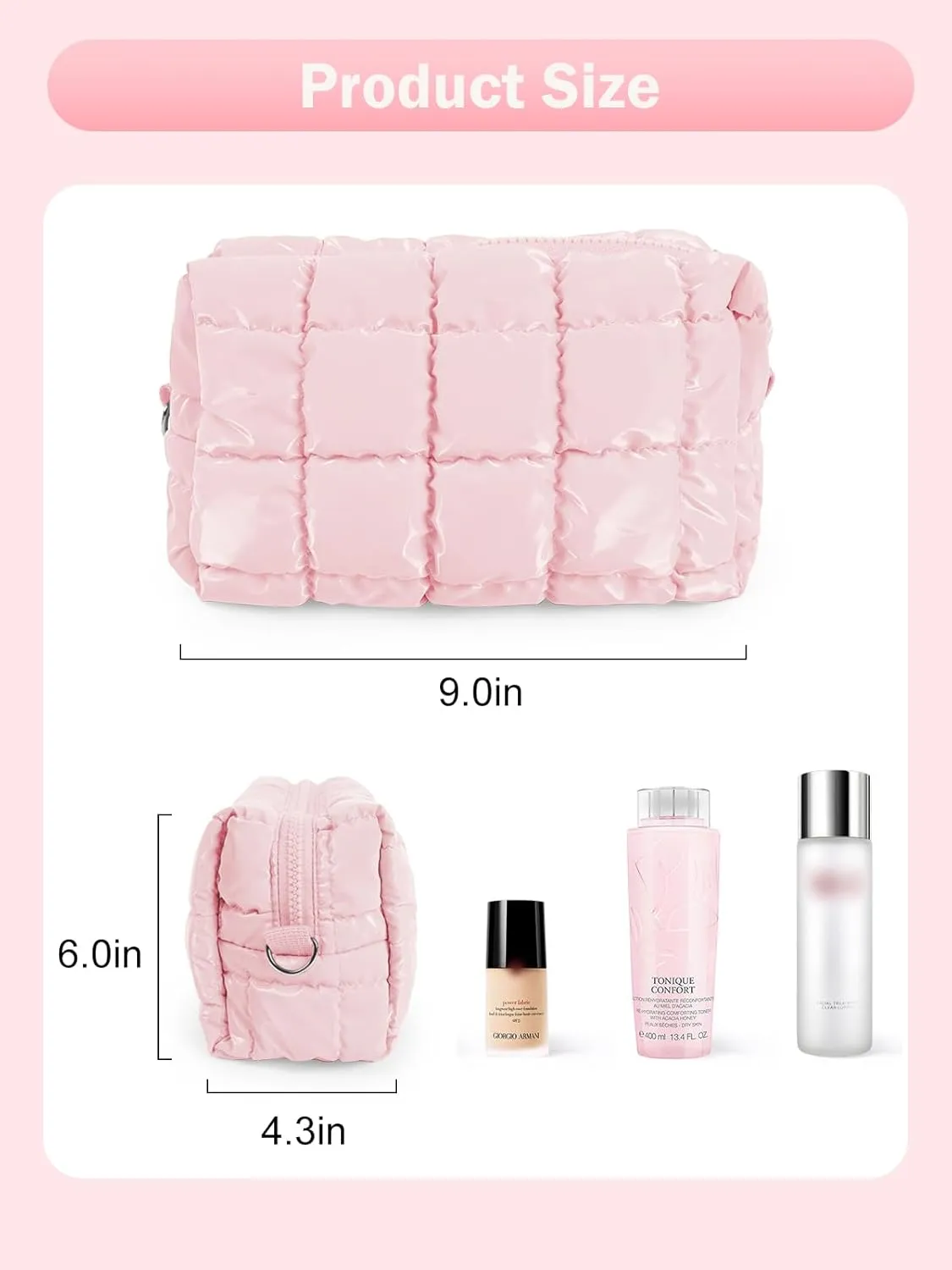 Quilted Makeup Bag Cosmetic Bag, Travel Toiletry Bag for Women, Cute Makeup Bag Organizer Puffer Pouch Light Pink M