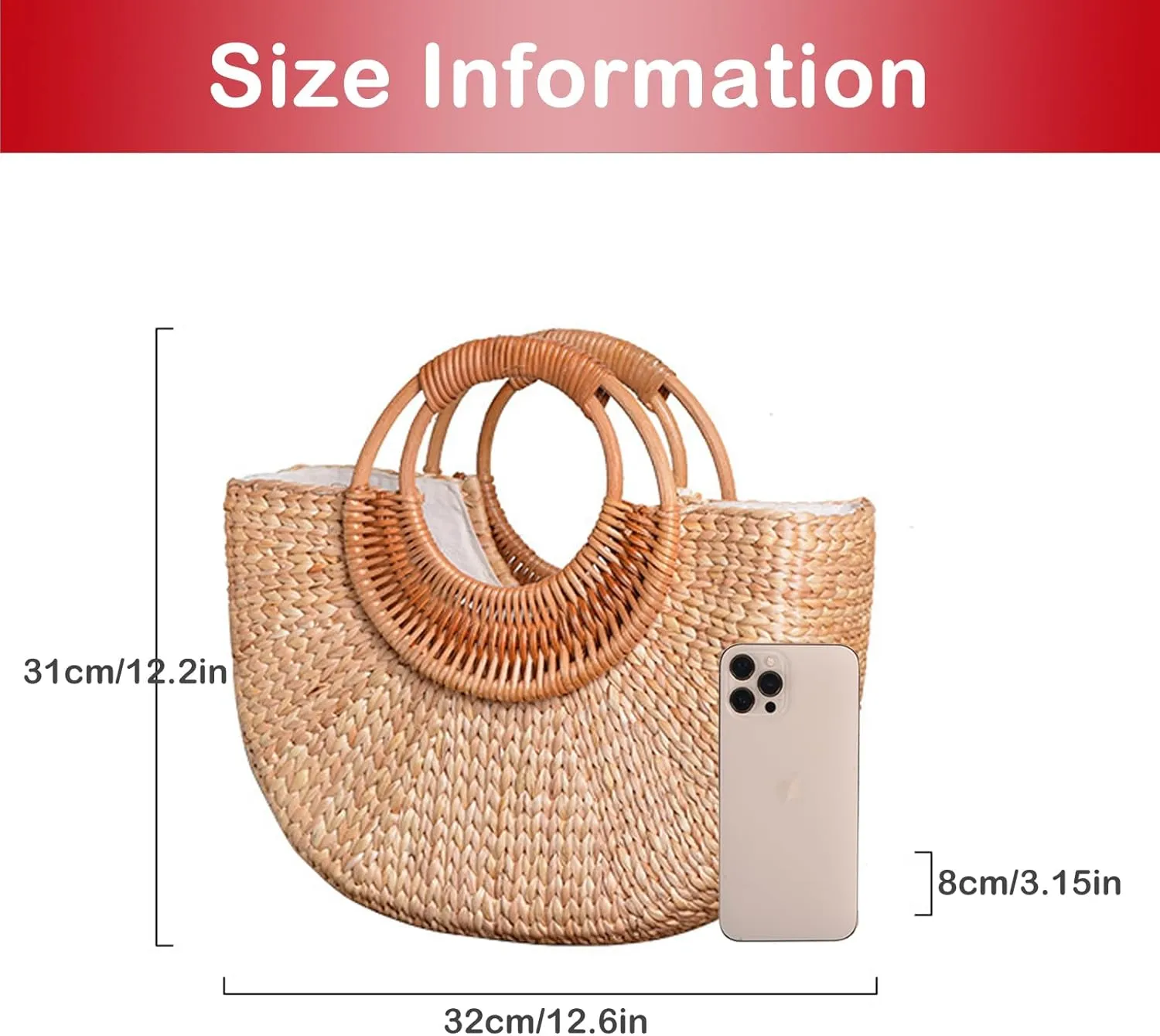 QZUnique Hand-woven Straw Bag Women Summer Beach Handbag Purse Retro Rattan Tote Clutch Travel Bag with Wood Round Top Handle