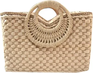 QZUnique Hand-woven Straw Bag Women Summer Beach Handbag Purse Retro Rattan Tote Clutch Travel Bag with Wood Round Top Handle
