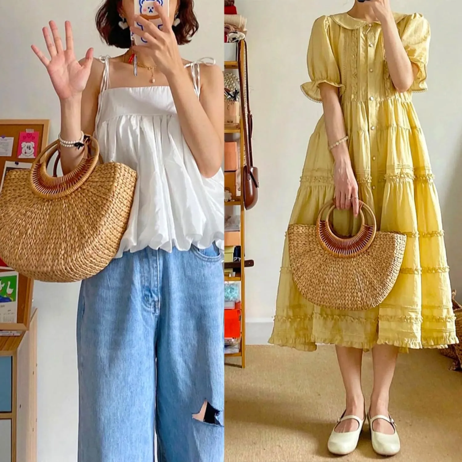 QZUnique Hand-woven Straw Bag Women Summer Beach Handbag Purse Retro Rattan Tote Clutch Travel Bag with Wood Round Top Handle