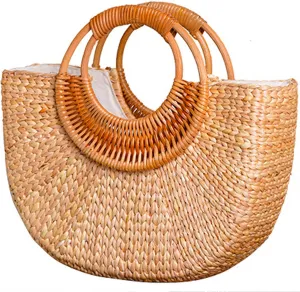 QZUnique Hand-woven Straw Bag Women Summer Beach Handbag Purse Retro Rattan Tote Clutch Travel Bag with Wood Round Top Handle