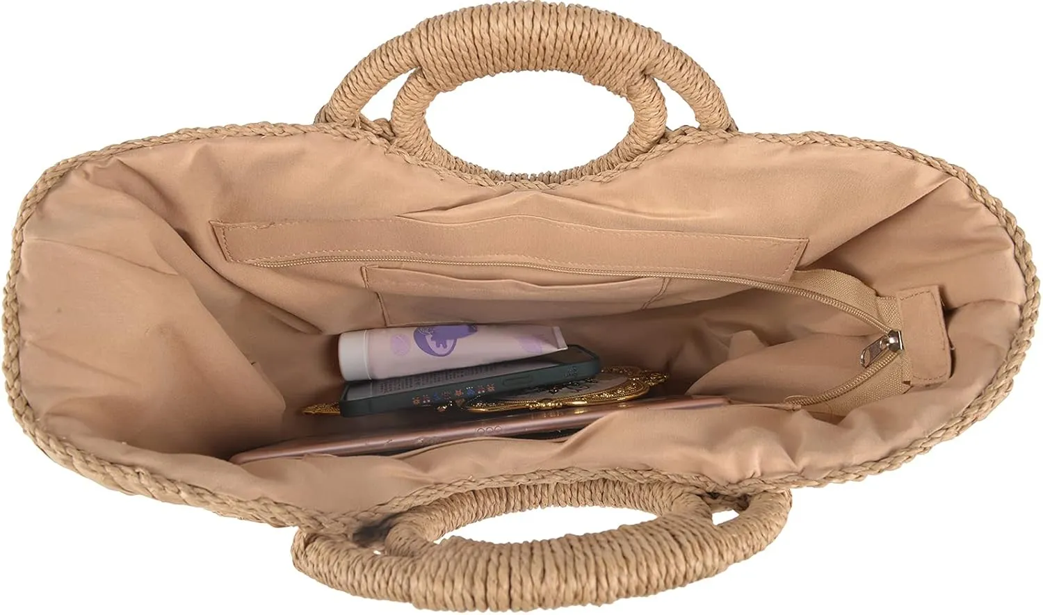 QZUnique Hand-woven Straw Bag Women Summer Beach Handbag Purse Retro Rattan Tote Clutch Travel Bag with Wood Round Top Handle