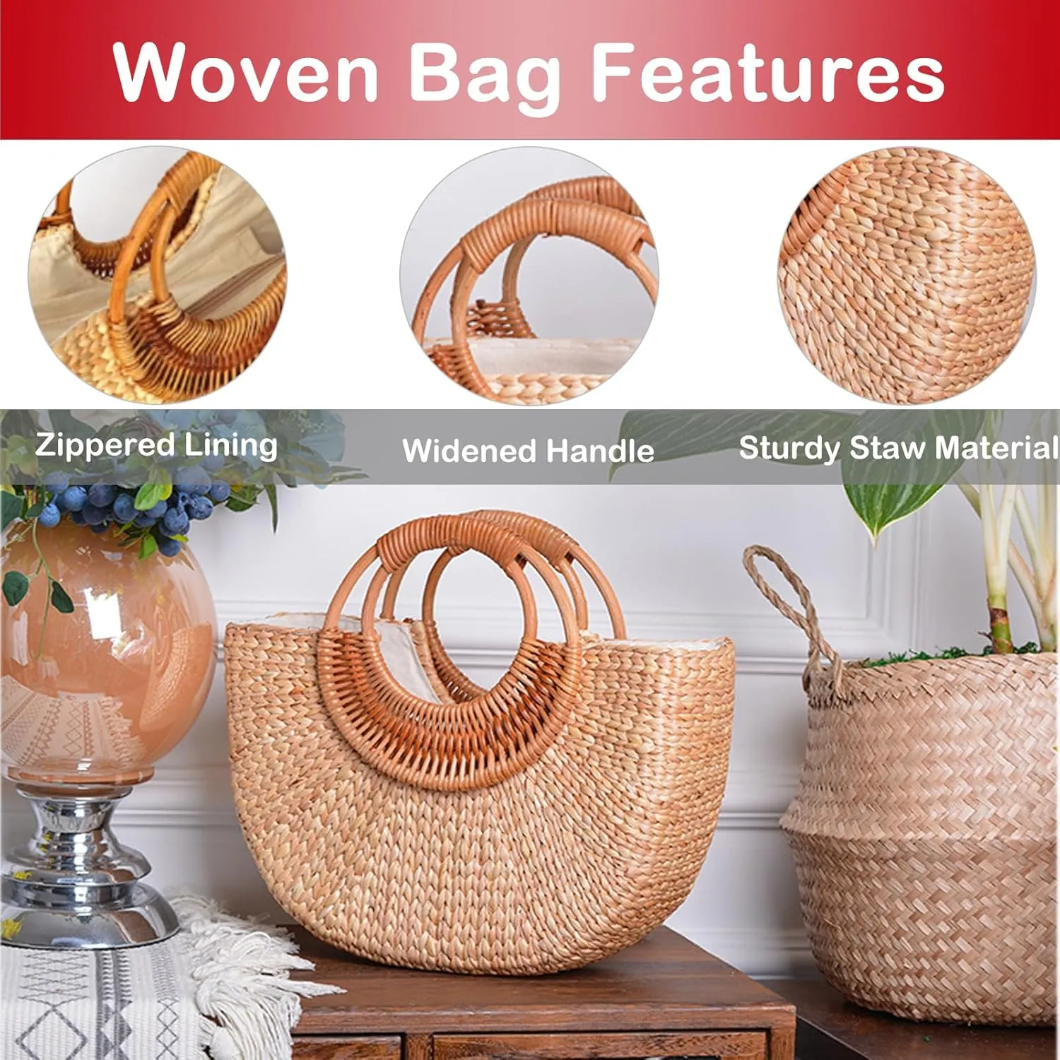 QZUnique Hand-woven Straw Bag Women Summer Beach Handbag Purse Retro Rattan Tote Clutch Travel Bag with Wood Round Top Handle