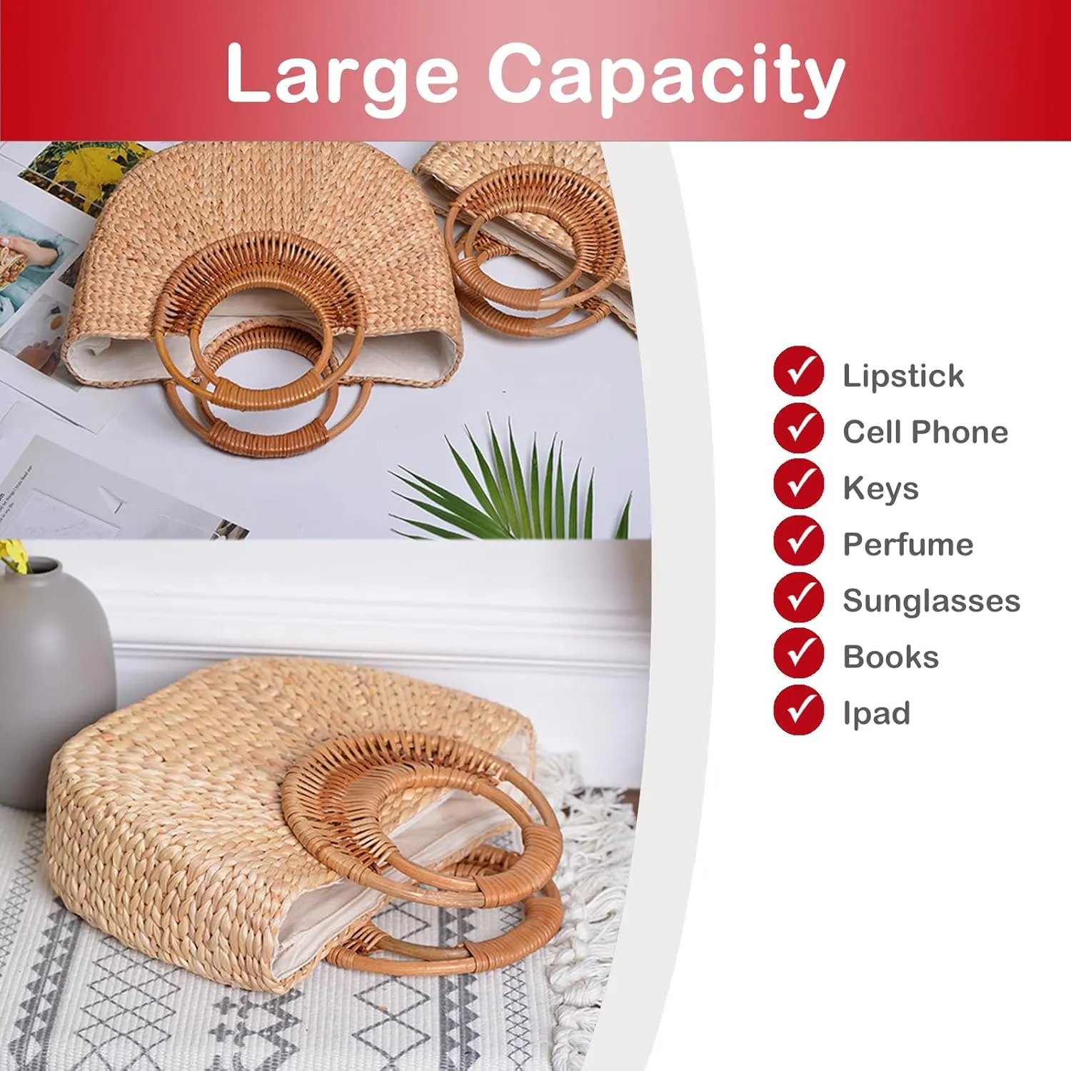 QZUnique Hand-woven Straw Bag Women Summer Beach Handbag Purse Retro Rattan Tote Clutch Travel Bag with Wood Round Top Handle
