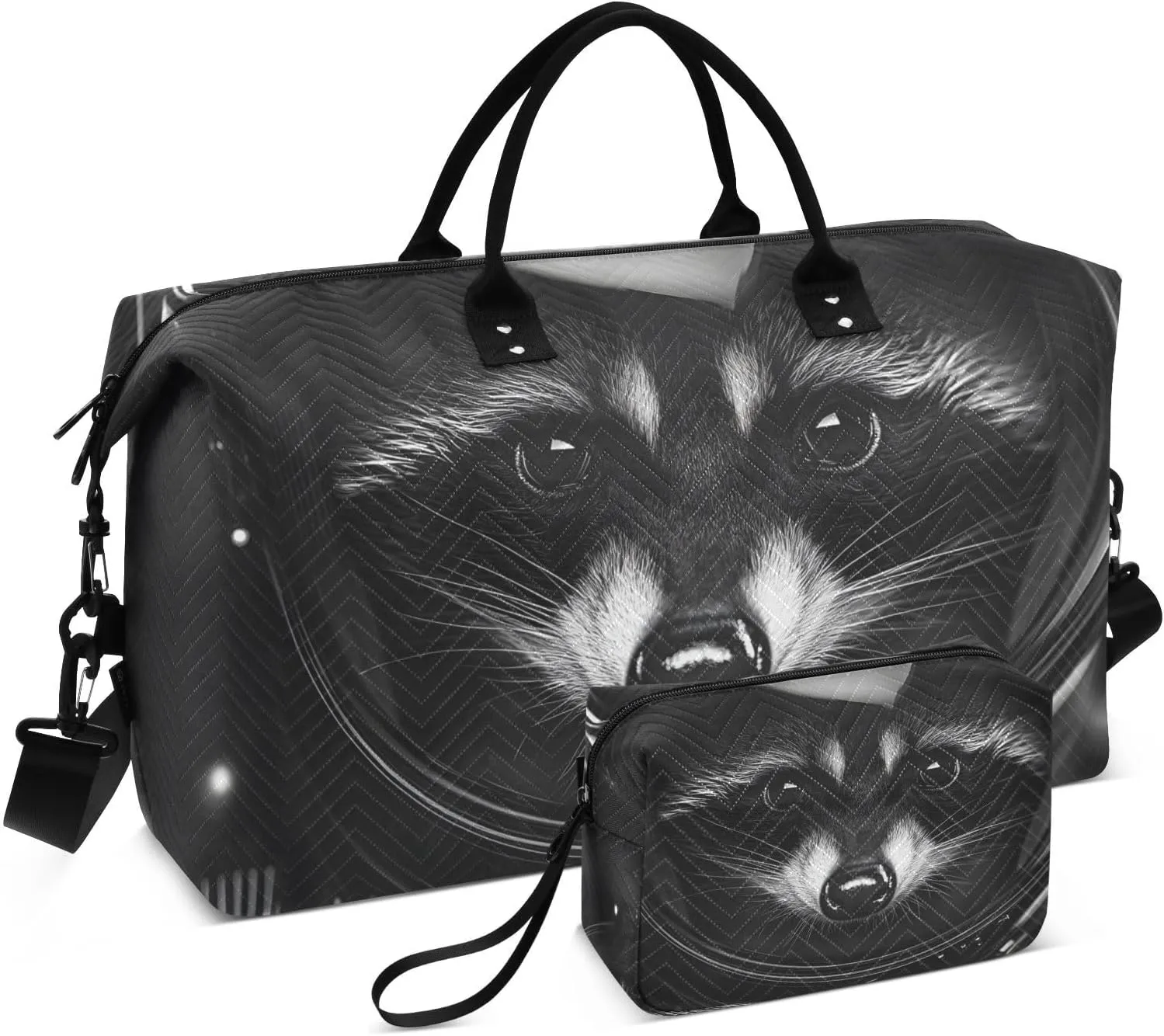 Raccoon Astronaut Black White Duffel Bag for Traveling, Gym Bags with Multiple Interior Pockets for Women Men Toiletry Purse Included 20.5”x 1.9” x 13.8”