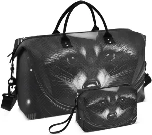 Raccoon Astronaut Black White Duffel Bag for Traveling, Gym Bags with Multiple Interior Pockets for Women Men Toiletry Purse Included 20.5”x 1.9” x 13.8”