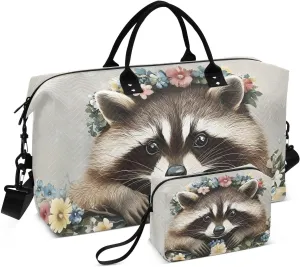 Raccoon Garland Flowers Duffel Bag for Traveling, Gym Bags with Multiple Interior Pockets for Women Men Toiletry Purse Included 20.5”x 1.9” x 13.8”