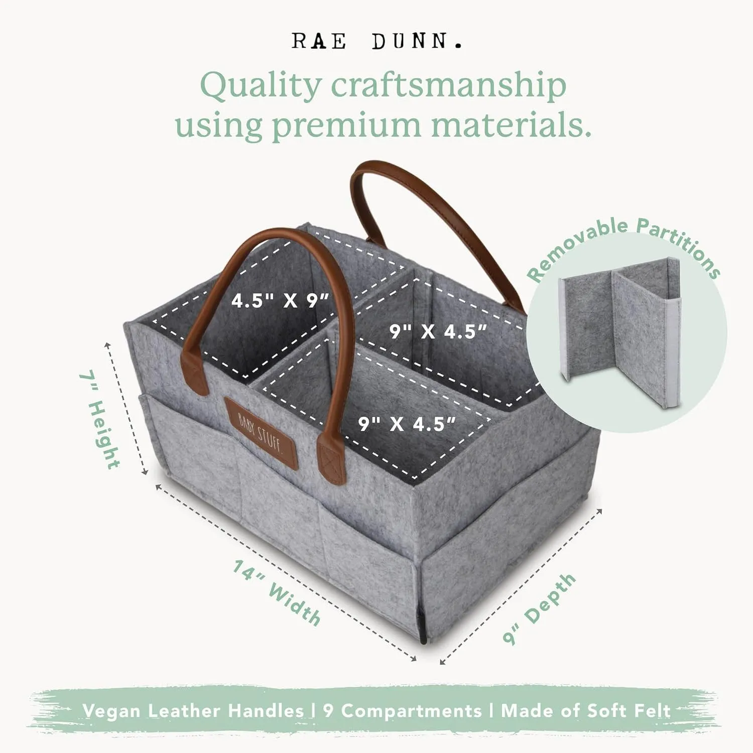Rae Dunn Baby Diaper Caddy Organizer, Nursery Storage for Changing Table and Car, Portable Basket for Items, Shower Gifts, Grey Felt With Leather Handles, Small