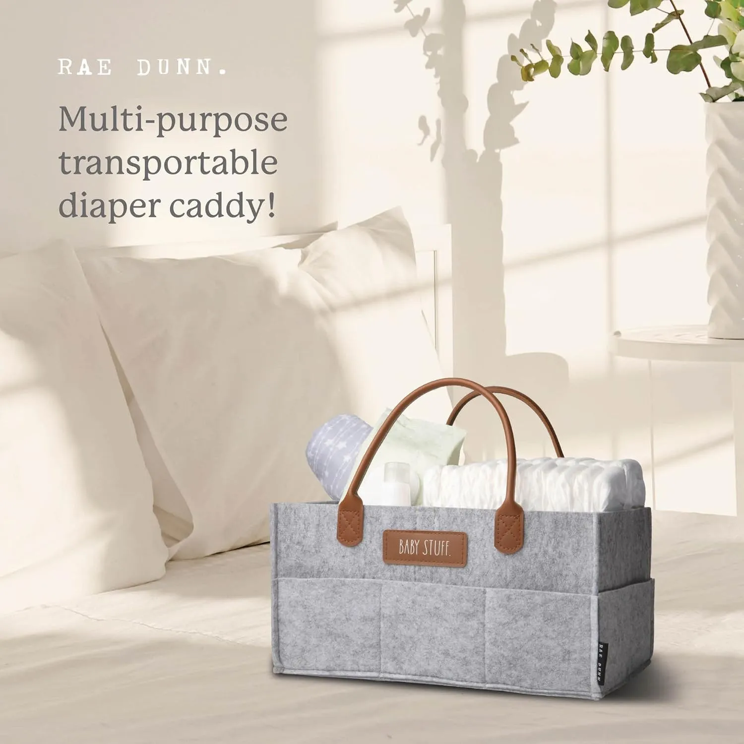 Rae Dunn Baby Diaper Caddy Organizer, Nursery Storage for Changing Table and Car, Portable Basket for Items, Shower Gifts, Grey Felt With Leather Handles, Small